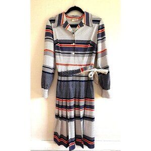 Vintage Alta Costura Long-Sleeve Striped Pattern Collared Midi Dress With Belt